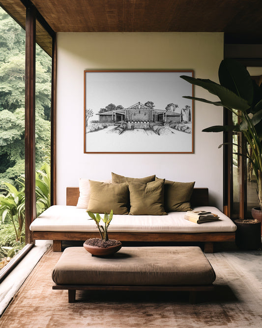 Modern living room with a wooden sofa, ottoman, and framed artwork on a wall.