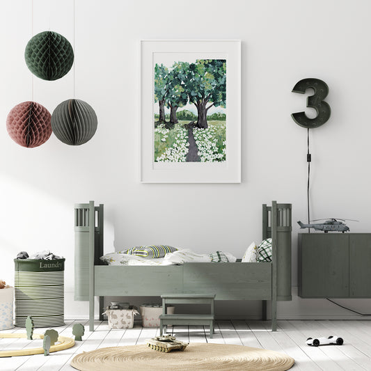 Children's bedroom with a bed, dresser, and wall art.