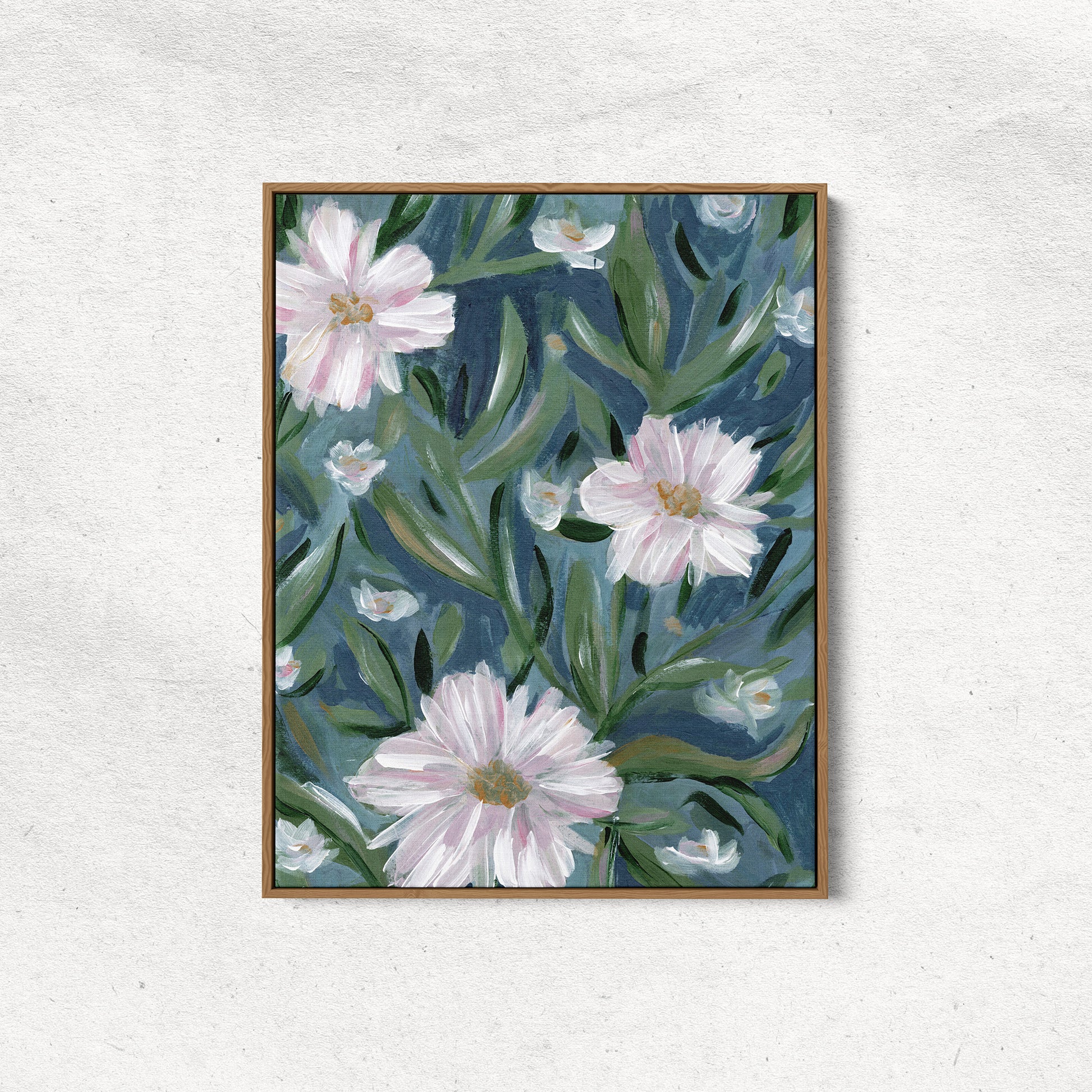 Floral artwork with pink flowers and green leaves on a blue background, framed in brown.