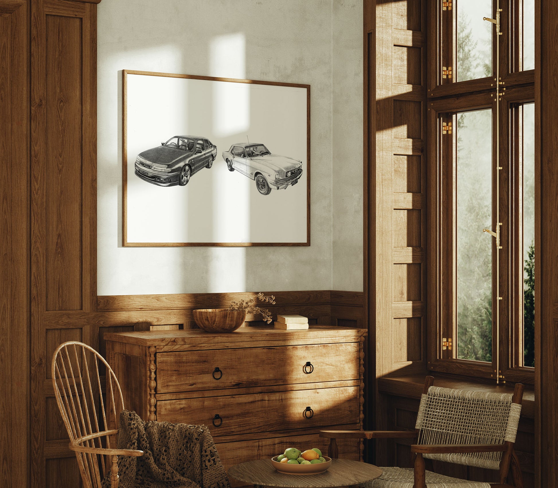 Room interior with wooden furniture, framed artwork of cars, and natural light.