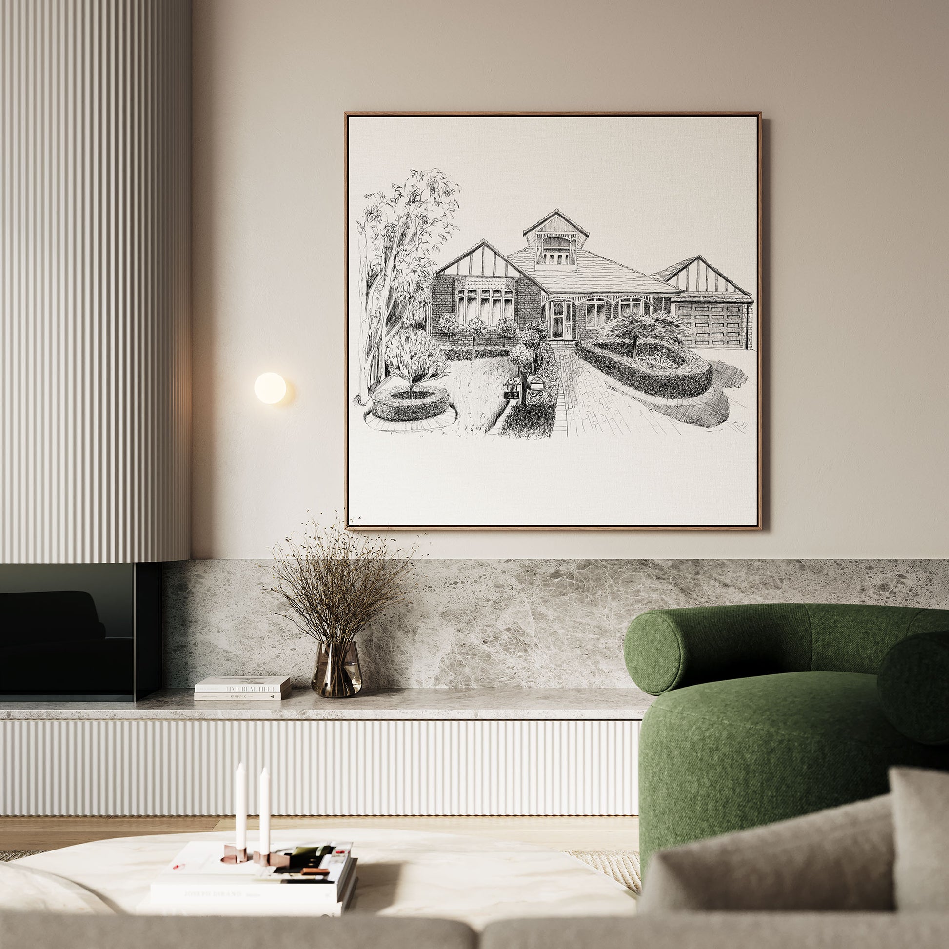 Living room with a framed black and white landscape painting on the wall.