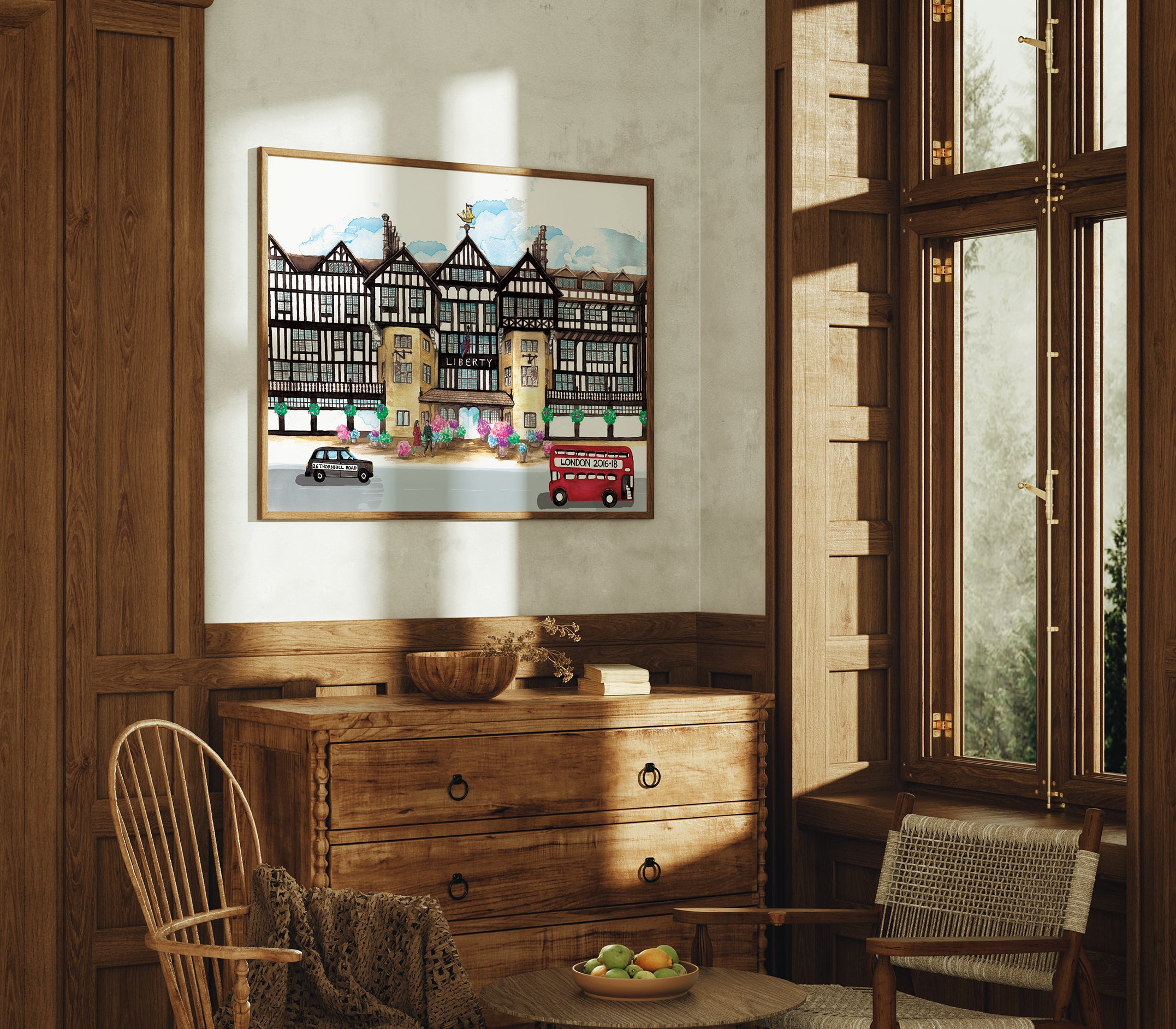 Wooden dresser with framed artwork above, chairs on either side, and a window to the right.