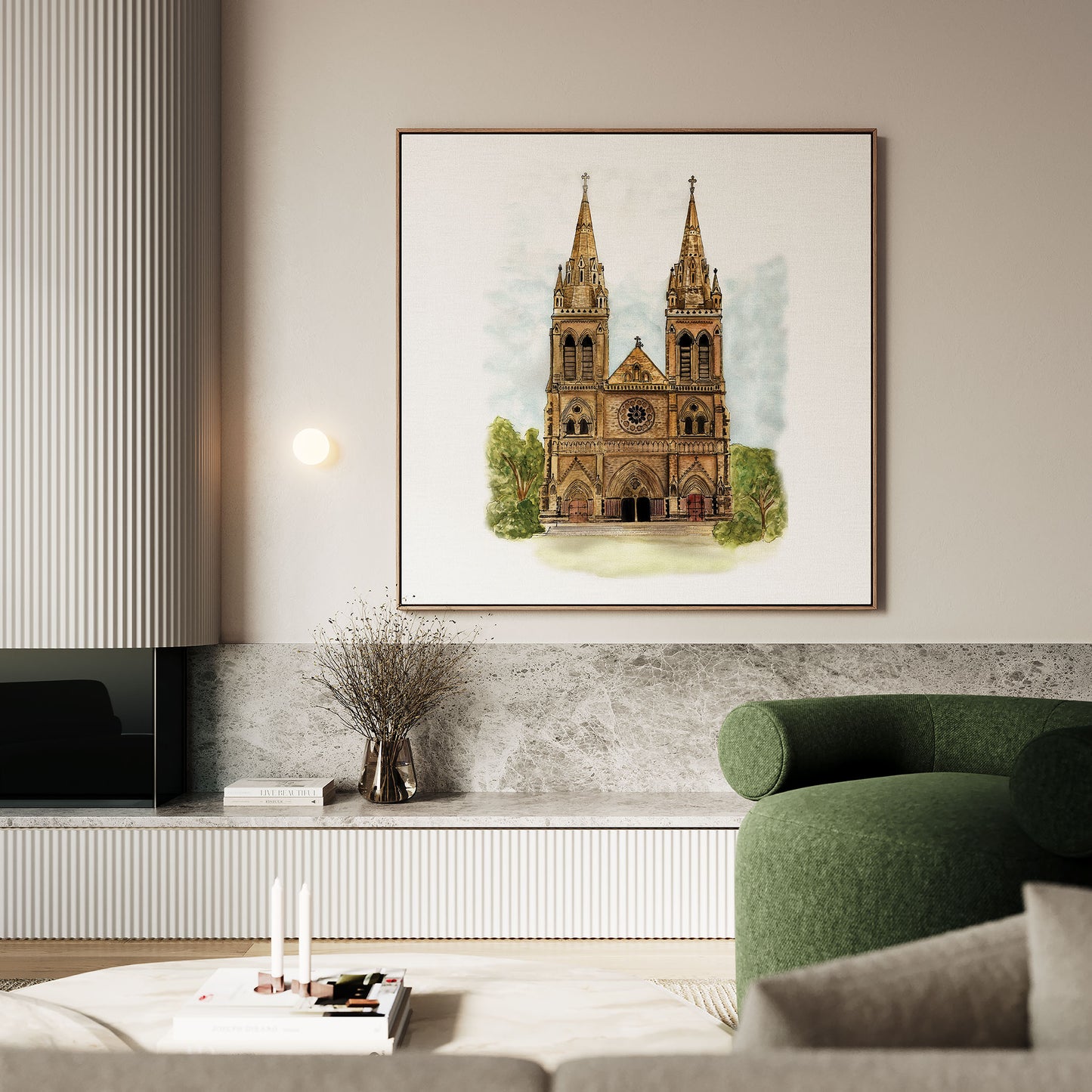 Framed artwork of a cathedral on a wall in a modern living room.