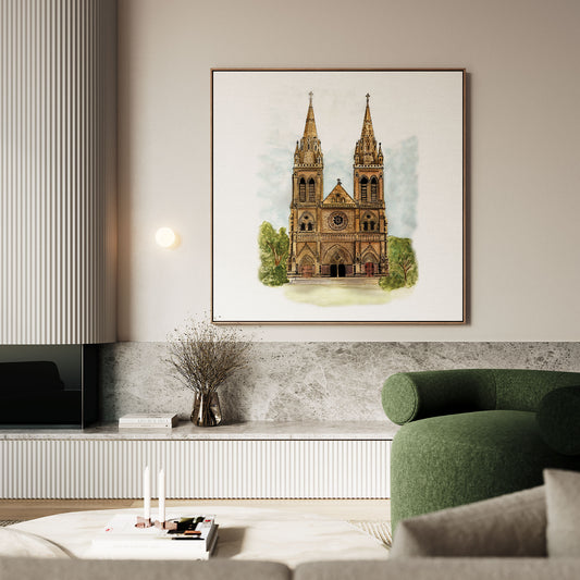 Framed artwork of a cathedral on a wall in a modern living room.